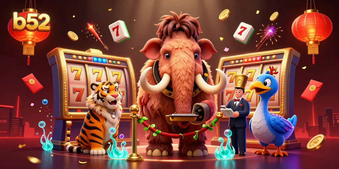 Experience thrilling action at b52 casino with vibrant visuals of a woolly mammoth, VIP saber-tooth tiger, and festive elements.