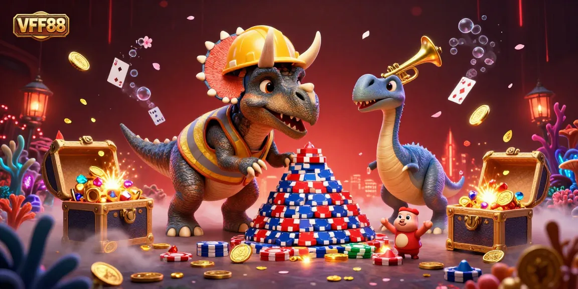 VFF88 creates winning moments with a triceratops assembling poker chips in a vibrant casino atmosphere.