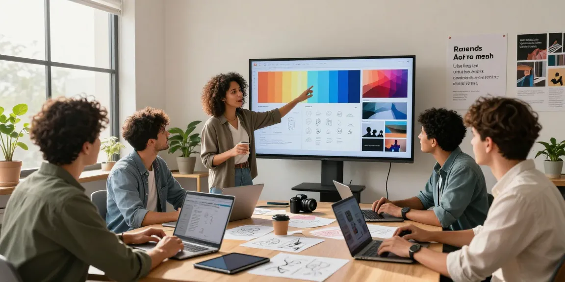 Team of professionals collaborating on a digital mix board in a vibrant workspace filled with creative energy.