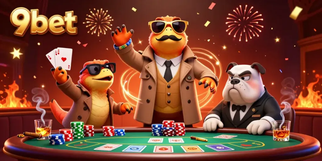 Raptors in a trench coat approach the VIP area of 9bet casino, showcasing poker elements and celebration.