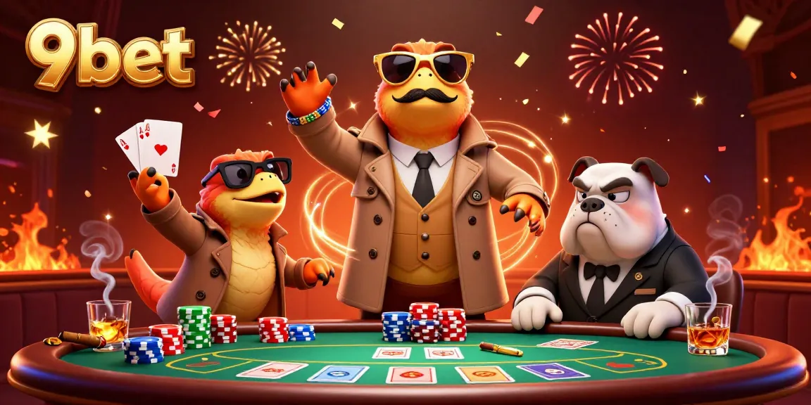 Raptors in a trench coat approach the VIP area of 9bet casino, showcasing poker elements and celebration.