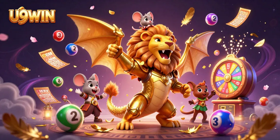 Engage with U9WIN's vibrant gaming experience featuring lottery elements, luck, and excitement in this dynamic 3D scene.