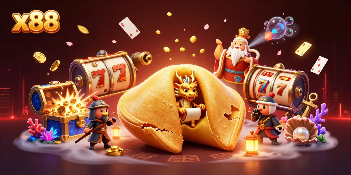 x88 introduces exciting online casino slots, featuring a vibrant scene with golden treasures and lively characters.