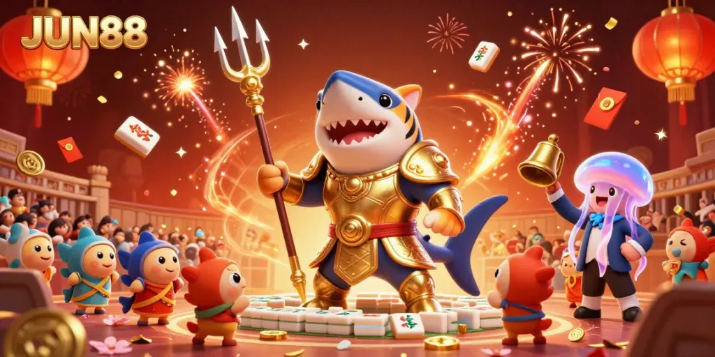 Experience the thrilling underwater colosseum with JUN88, featuring a tiger shark and casino elements.