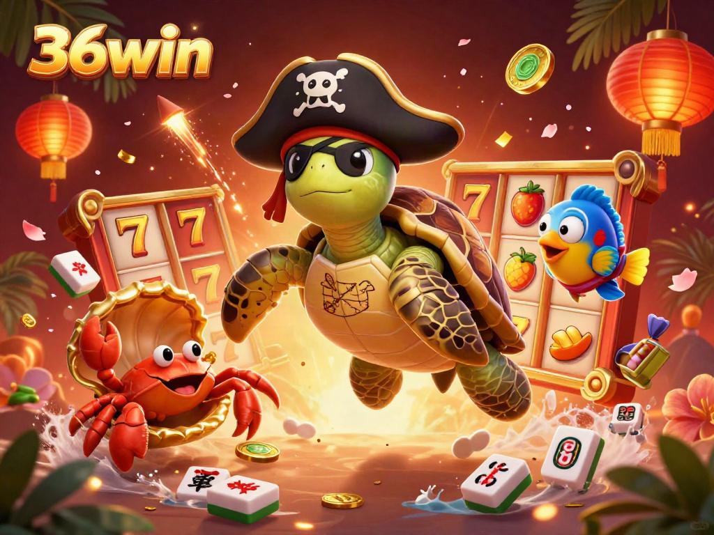 Engage with 36win's vibrant slots world, featuring a cartoon pirate turtle and lucky symbols in a stunning 3D scene.