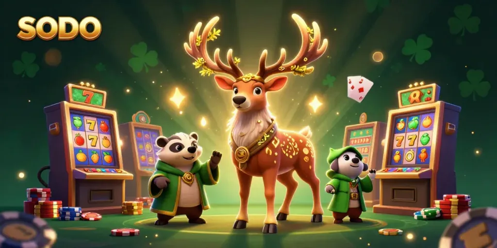 Spin the reels in the SODO casino with a magical druid and badger in a captivating gaming scene.