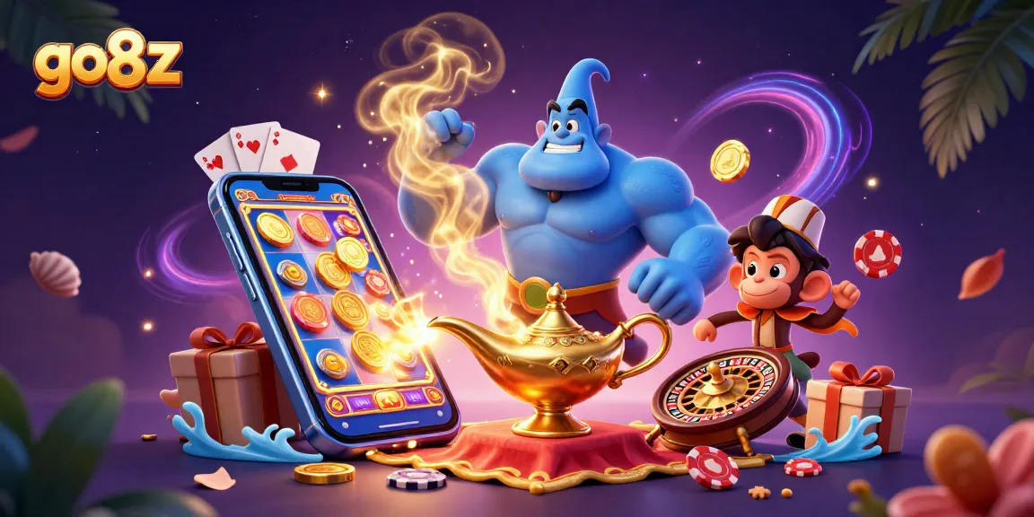 Experience go8z gaming thrills with a genie, magic carpet, and vibrant slot game elements.
