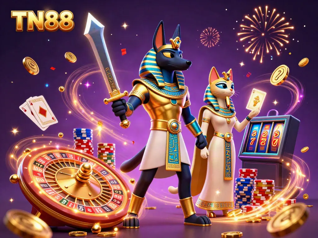 Experience TN88’s thrilling casino adventures featuring Anubis and Bastet surrounded by vibrant gaming elements.