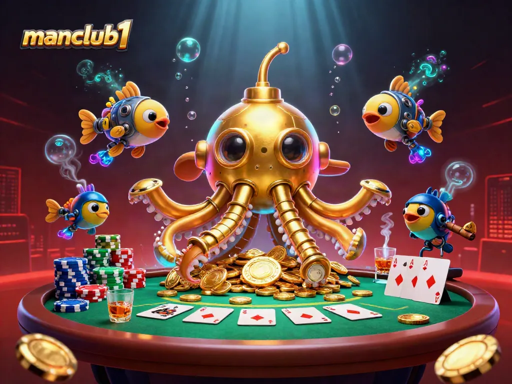 Experience the excitement of manclub1 with golden kraken submarine amidst gambling elements and golden coins.