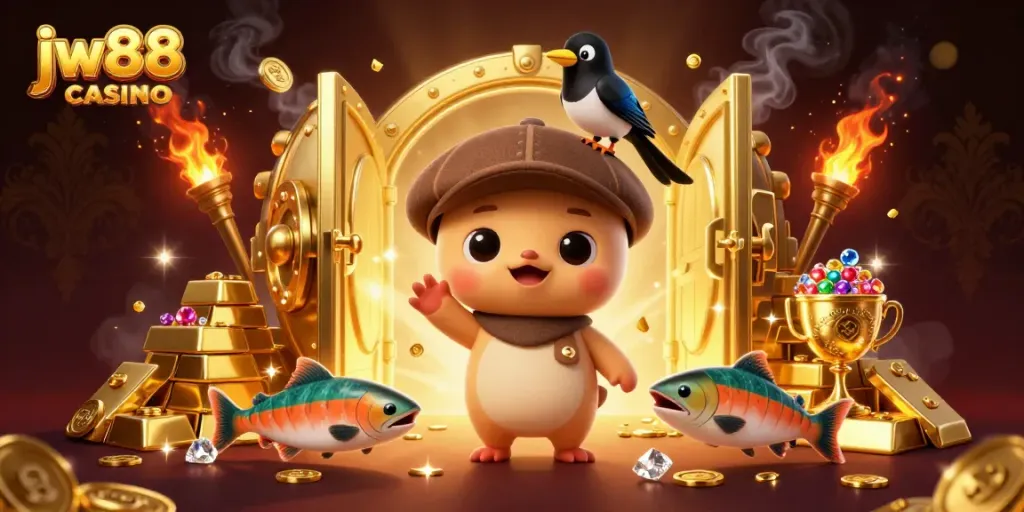 Experience the thrill of jw88 casino with playful Nessie and treasures in a vibrant 3D scene.