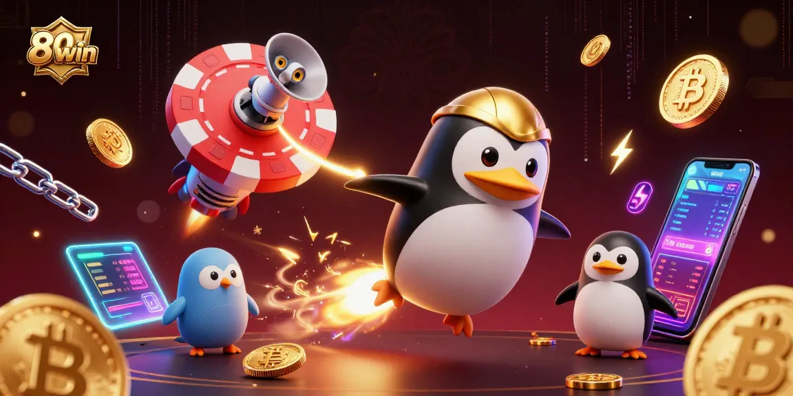 80win penguin rockets through space toward the casino, surrounded by dazzling crypto and gaming elements.