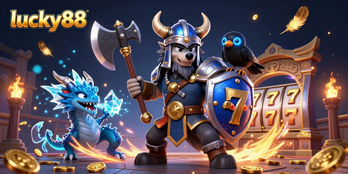 Engage with lucky88's vibrant 3D illustration of a Viking wolf warrior, dragon, and raven conquering a bustling slot arena.