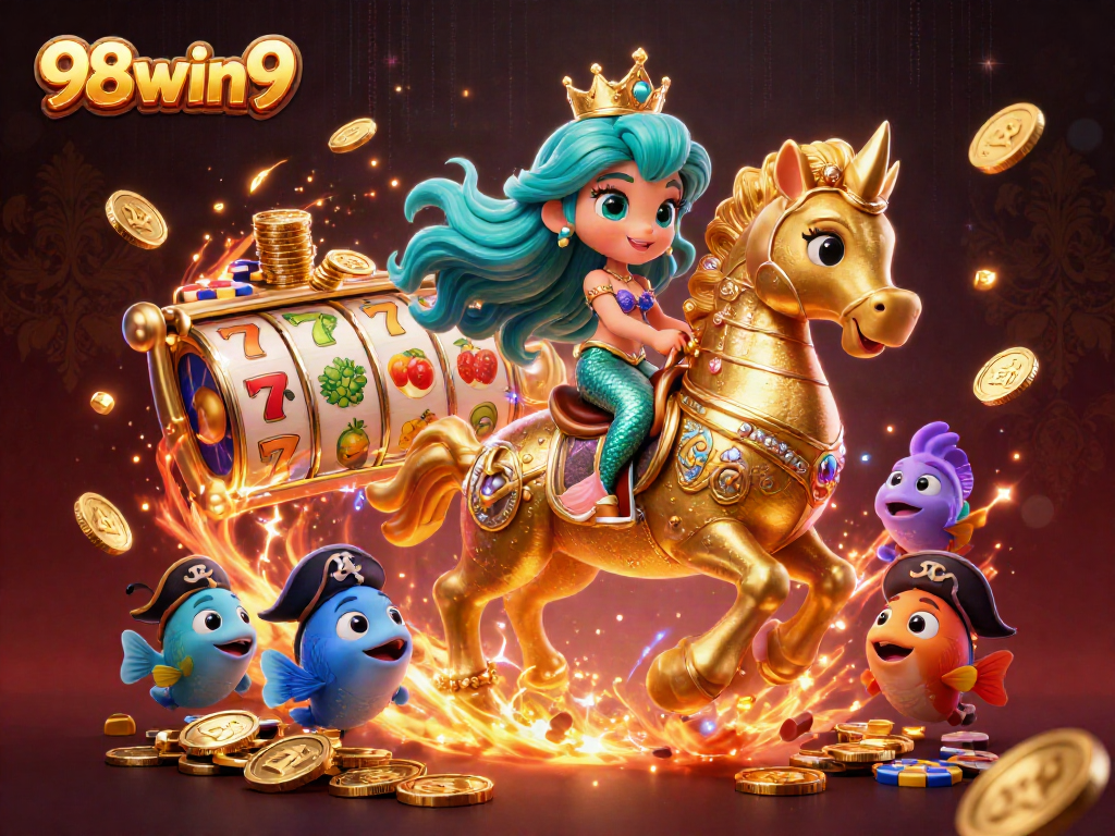 Engage with 98win9 themed casino adventure featuring a mermaid and golden seahorse amidst betting symbols.
