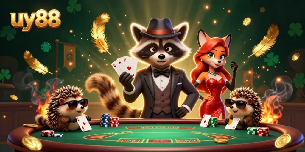 Experience thrilling poker action with uy88 in this vibrant 3D casino scene.