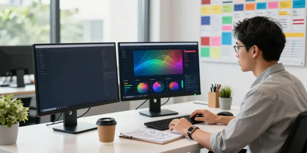 Content strategist researching instant indexing strategies in a modern office.