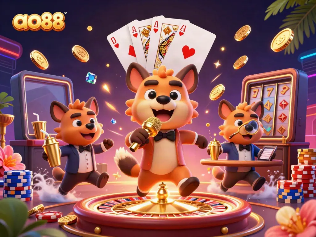 Ao88 engages players with vibrant casino entertainment, featuring hyenas in a comedic scene.