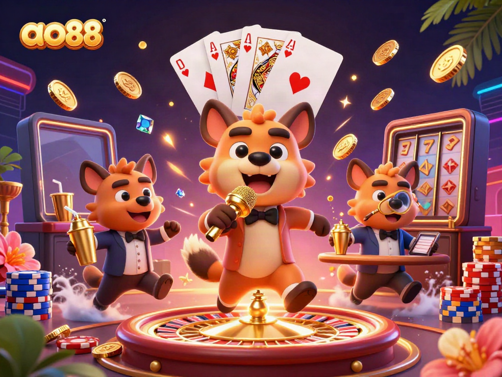 Ao88 engages players with vibrant casino entertainment, featuring hyenas in a comedic scene.
