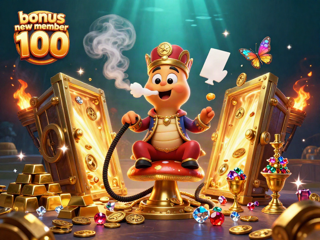 Engaging 3D illustration showcasing the vibrant bonus new member 100 promotional scene filled with gold and treasure.
