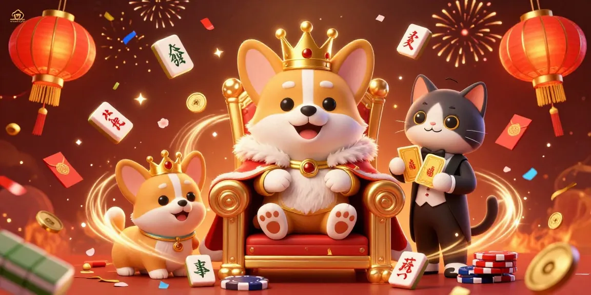 Experience excitement at MANCLUB with royal corgi characters amidst vibrant casino elements.