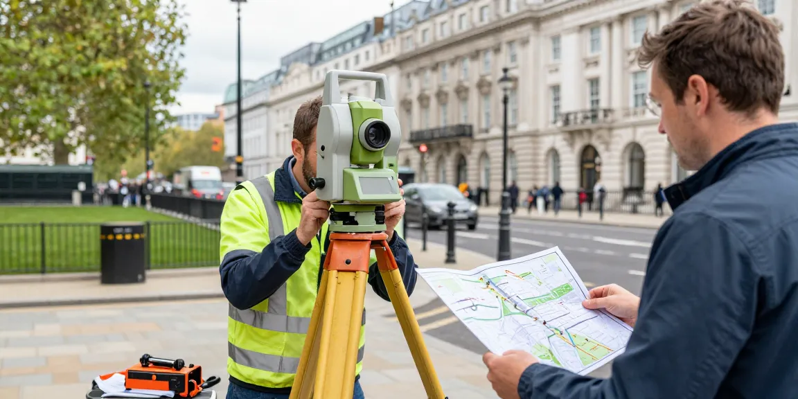 Topographical Surveyors London conducting measurements in urban landscape with survey tools.