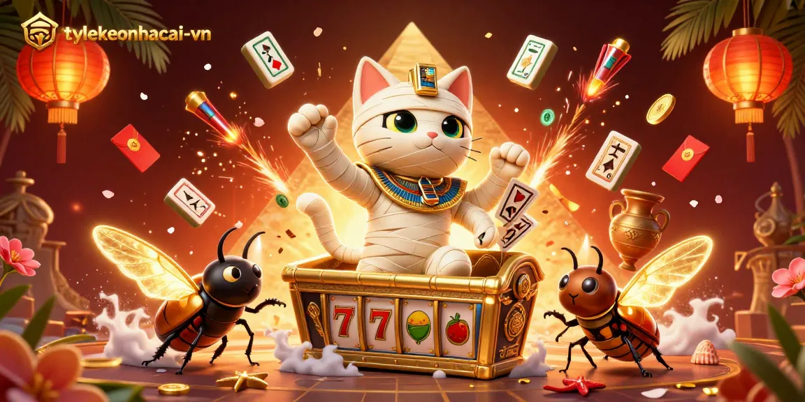 Engage with tylekeonhacai-vn through a vibrant casino scene featuring a mummy cat and dynamic gaming elements.