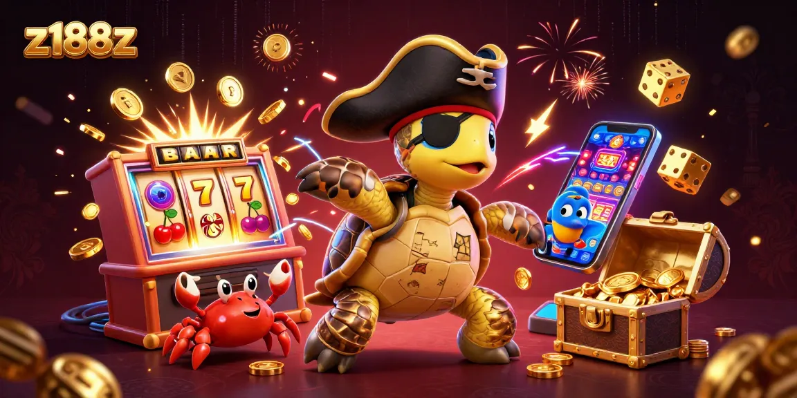 Experience thrilling games at z188z with a vibrant 3D casino scene filled with slot machines and treasures.