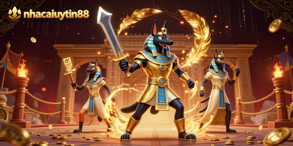 nhacaiuytin88 showcases a thrilling scene with Anubis and Bastet in a dynamic casino-themed battlefield.