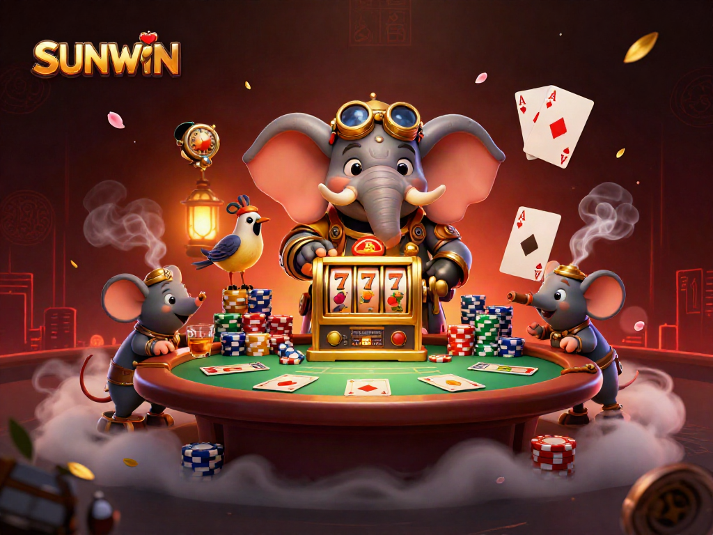 SUNWIN offers exhilarating gaming experiences showcasing colorful poker tables, dynamic characters, and rich casino elements.