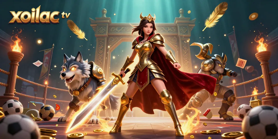 Xoilac TV sports betting scene with a warrior queen, glowing companion, and vibrant game elements