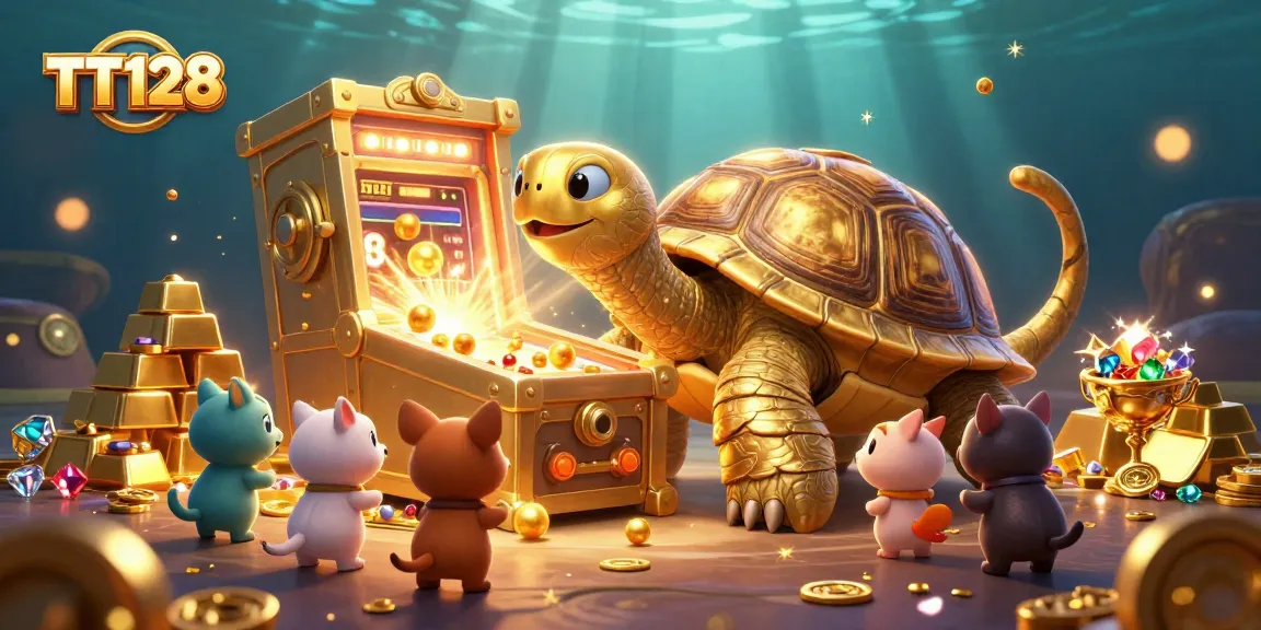 Engage with TT128's lively casino scene featuring a colossal tortoise pinball cabinet amidst treasures.