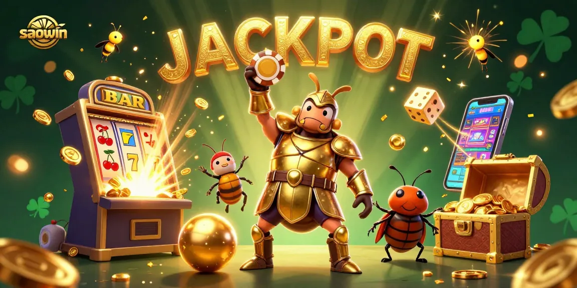 Engage in the excitement at saowin with vibrant 3D illustration featuring jackpot, slot machines, and dynamic gameplay elements.