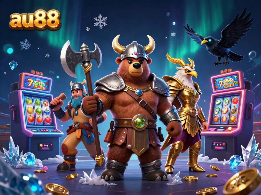 Experience the excitement of online slots with au88 in a vivid 3D scene featuring dynamic characters and gaming elements.