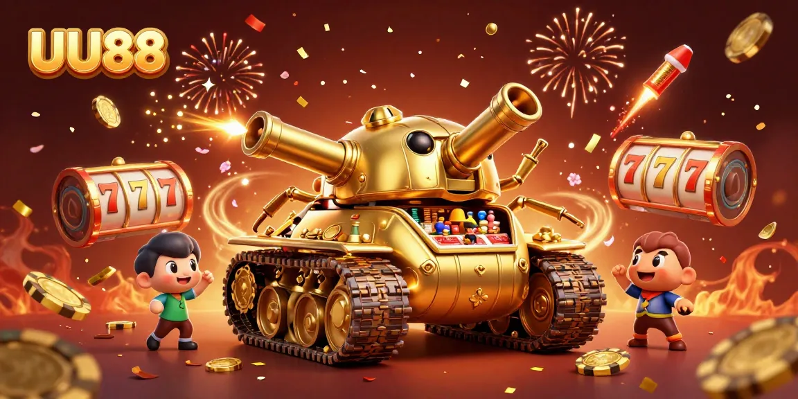 UU88 offers an exhilarating gaming experience with a golden beetle tank-style casino, spinning reels, and festive elements.