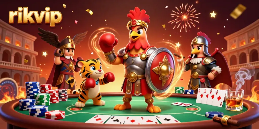 Engage with rikvip's vibrant gaming world as a gladiator rooster battles alongside a boxer cub in an exuberant casino arena.