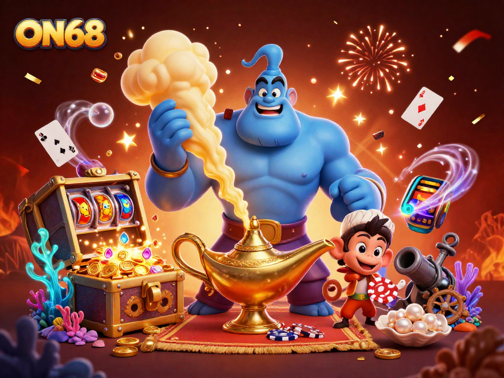 Experience thrilling wins at ON68 with colorful slot reels, golden jackpots, and a magical genie.