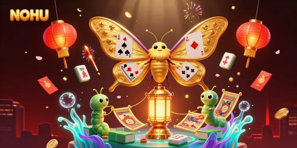 NOHU players enjoy thrilling gaming action surrounded by vibrant 3D casino elements and golden motifs.