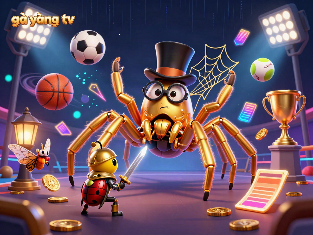 Experience gà vàng tv's thrilling world as a golden tarantula weaves a web between casino pillars, surrounded by dynamic elements.
