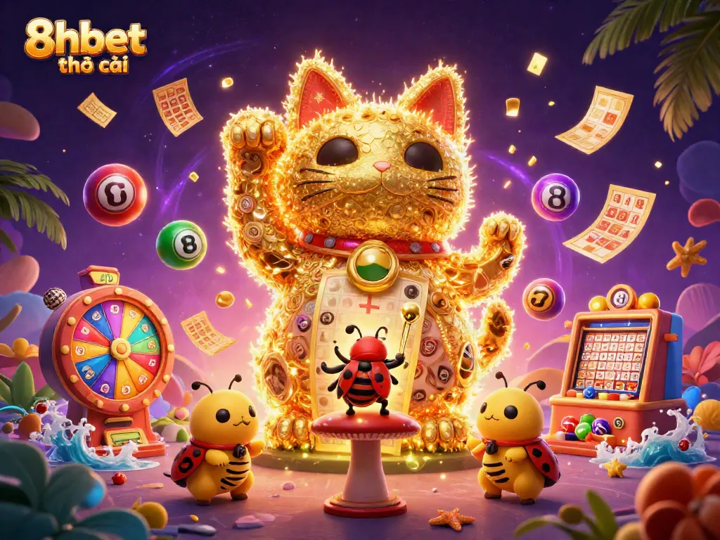 Engage with the vibrant scene of 8xbet nhà cái, featuring golden fireflies as a lucky cat amidst dynamic casino symbols.