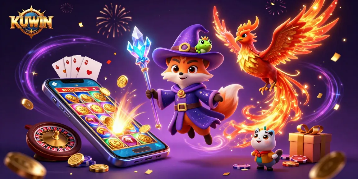 KUWIN wizard fox conjures exciting games with slot reels and vibrant coins, enchanting players.