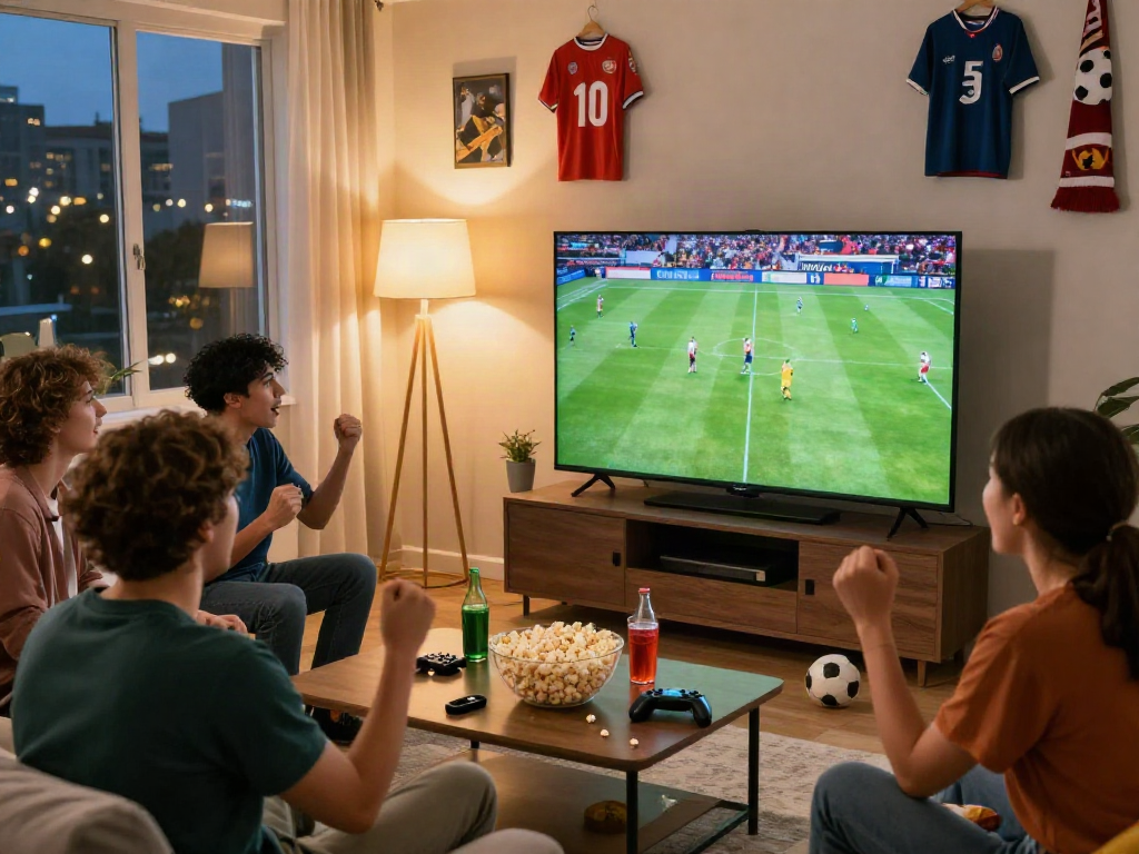 Friends enjoying live Thapcamtv football match in lively living room.