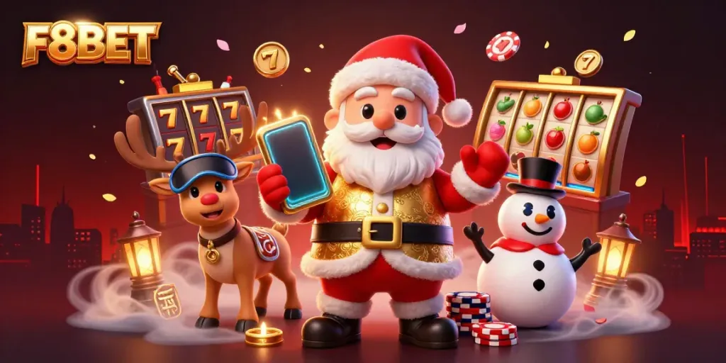 Experience F8BET with Santa Claus and friends enjoying the vibrant casino excitement.