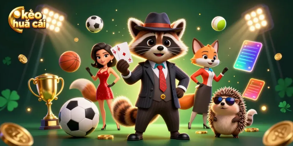 Experience kèo nhà cái with a stylish raccoon, fox, and hedgehog at a vibrant sports betting scene.