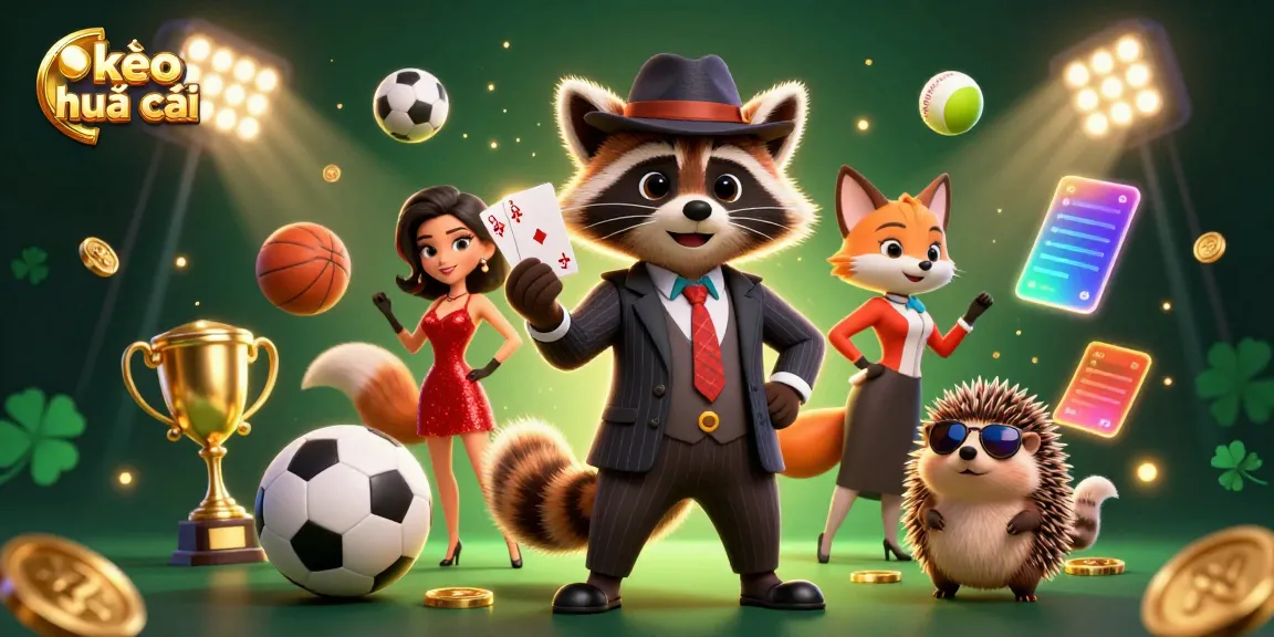 Experience kèo nhà cái with a stylish raccoon, fox, and hedgehog at a vibrant sports betting scene.