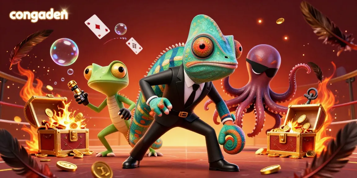 Experience the thrilling cockfighting action with congaden in this vibrant 3D illustration featuring characters, gold coins, and dynamic elements.