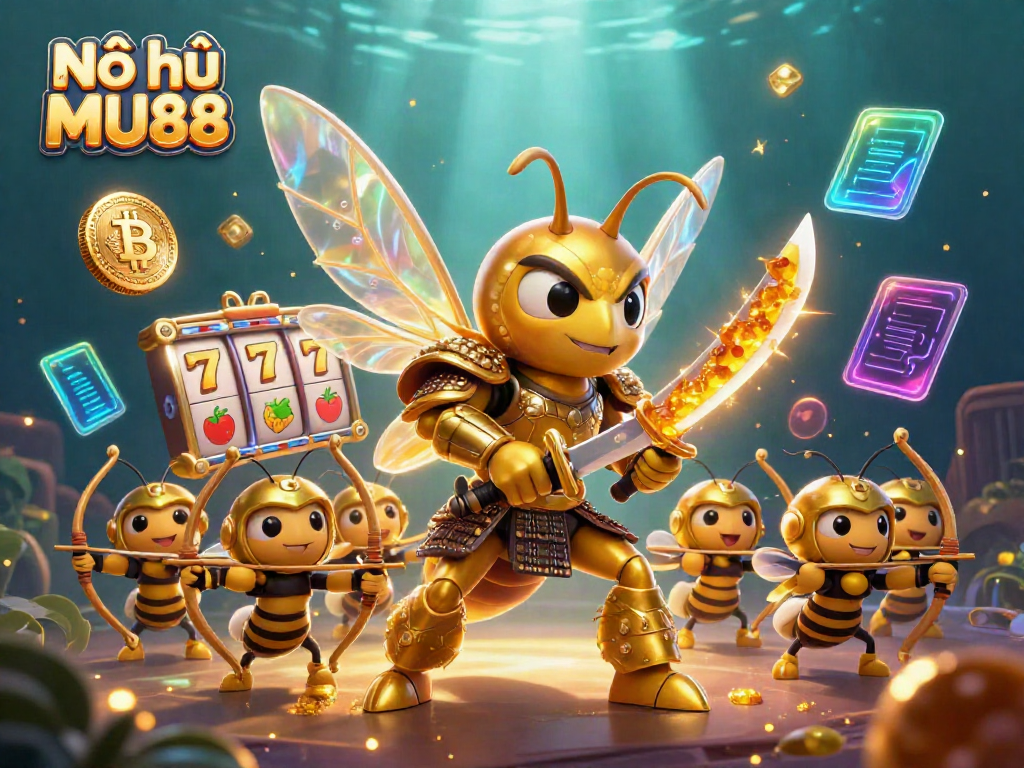 Experience thrilling slot gaming action with Nổ hũ MU88 in this vibrant 3D illustration featuring dynamic characters and casino elements.