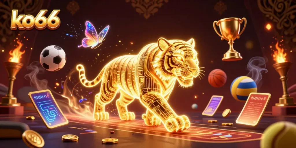 Experience the vibrant energy of ko66 in a digital casino scene filled with glowing sports elements.