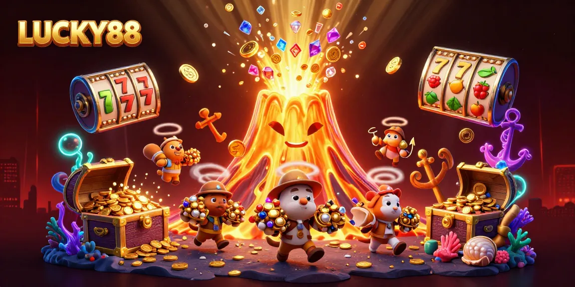 Engage with the thrilling world of LUCKY88 in this vibrant 3D illustration showcasing slot machines and treasure elements.