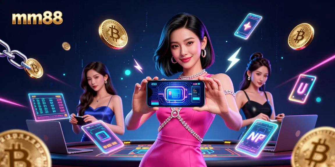 Engage in thrilling mm88 live dealer games with a confident player in a vibrant casino scene.