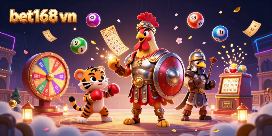 Experience exciting gaming action with bet168 vn at a vibrant casino illustration featuring dynamic lottery elements.