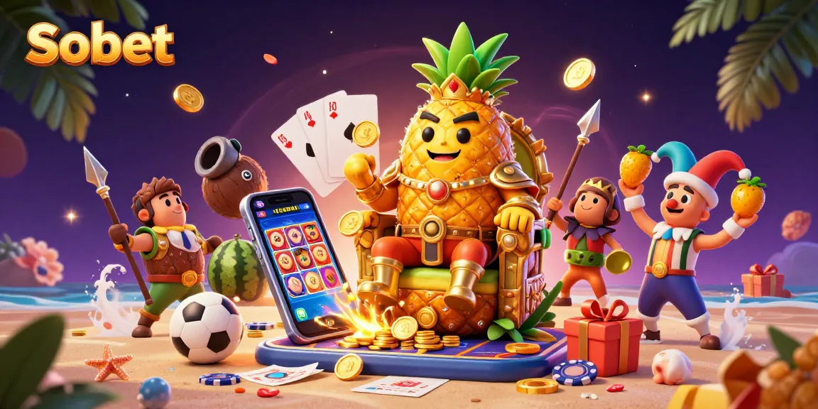 Place bets on Sbobet with a vibrant 3D scene showcasing sports betting excitement, featuring characters and casino elements.